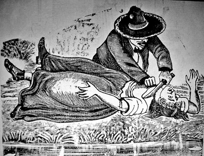 Grabado de la Ã©poca, de JosÃ© Guadalupe Posada, que ilustra uno de los asesinatos cometidos por Guerrero.