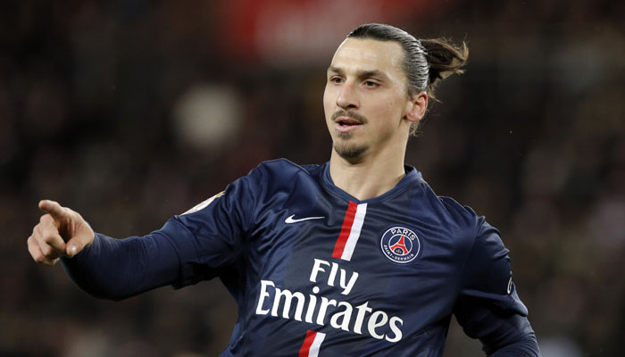 Paris Saint Germain's Zlatan Ibrahimovic gestures during their League One soccer match between Paris Saint Germain and Montpellier, at Parc des Princes stadium, in Paris, Saturday, Dec. 20, 2014. (AP Photo/Francois Mori)