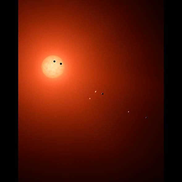 Los pequeños puntos son los planetas alrededor de la estrella. Ilustración: NASA