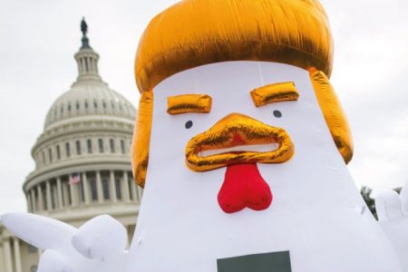 Pollo inflable con el peinado de Trump aparece frente a la Casa Blanca