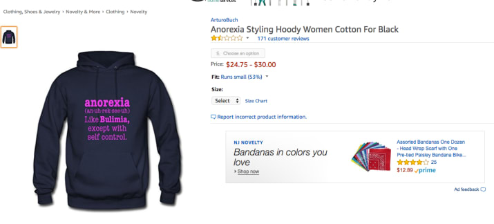 Amazon vende sudadera pro Anorexia e internet se molesta 1